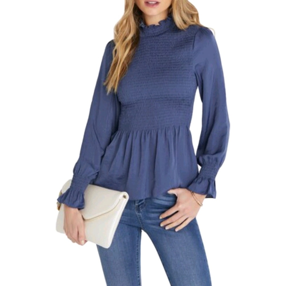 Vici Collection Smocked Bell Sleeve Petplum Blouse In Deep Blue Size Small